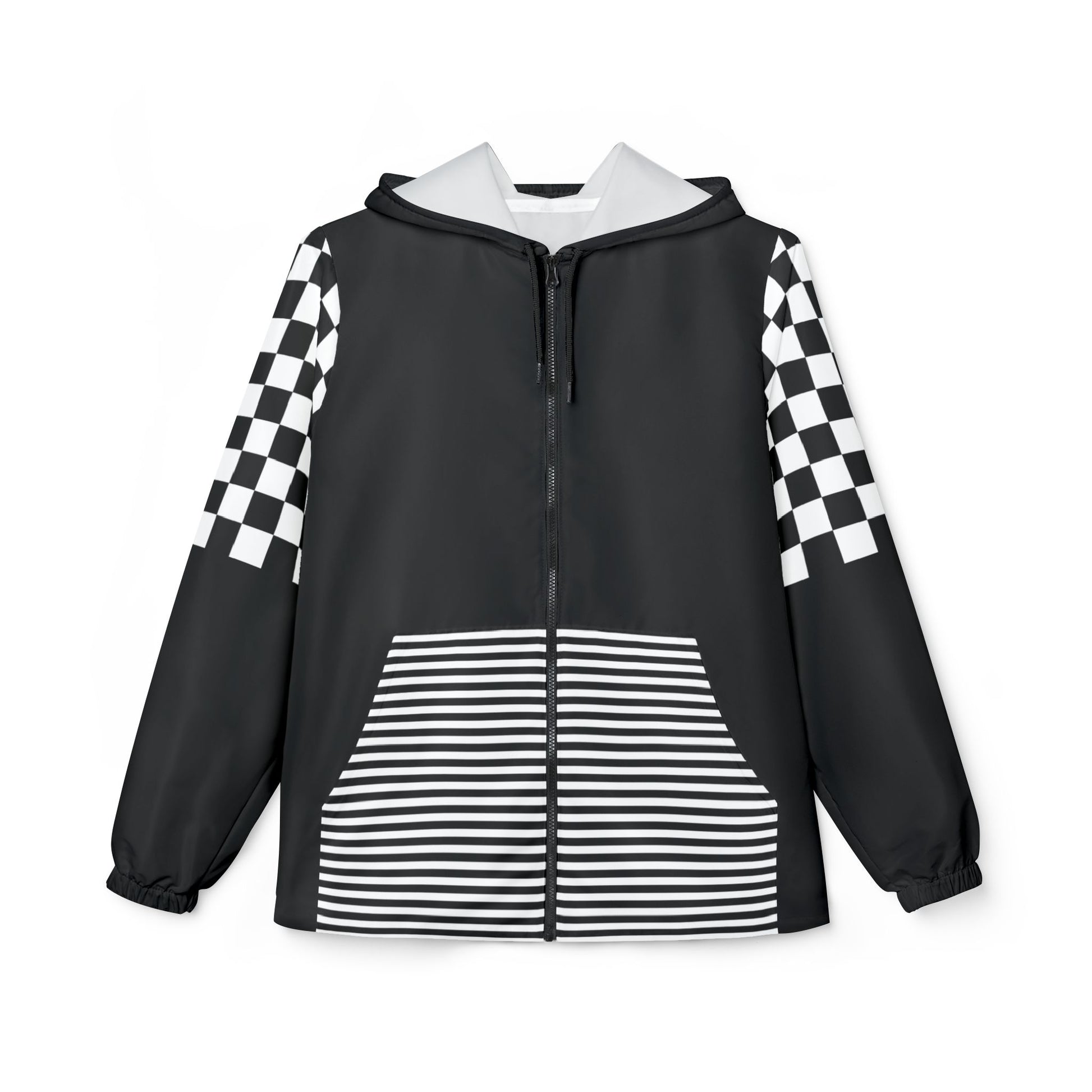 Front flat lay of black Urban Lines Windbreaker with checkered sleeves and striped pockets