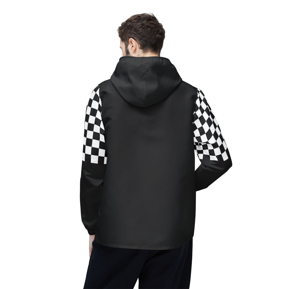 Back view of male model wearing Urban Lines Windbreaker with checkerboard sleeves