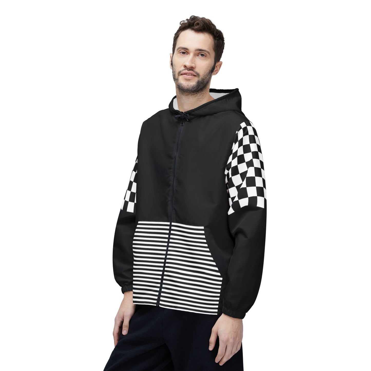 Male model wearing black Urban Lines Windbreaker with checkered sleeves