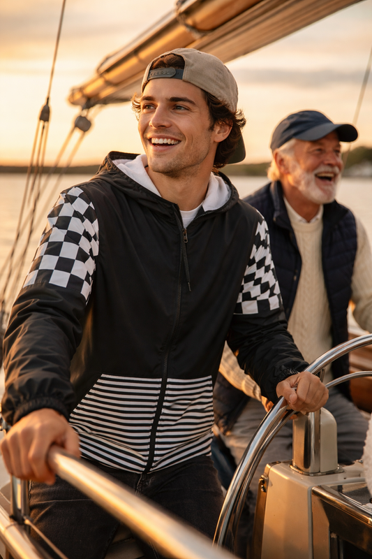 Man wearing Urban Lines Windbreaker with checkered sleeves while sailing at sunset