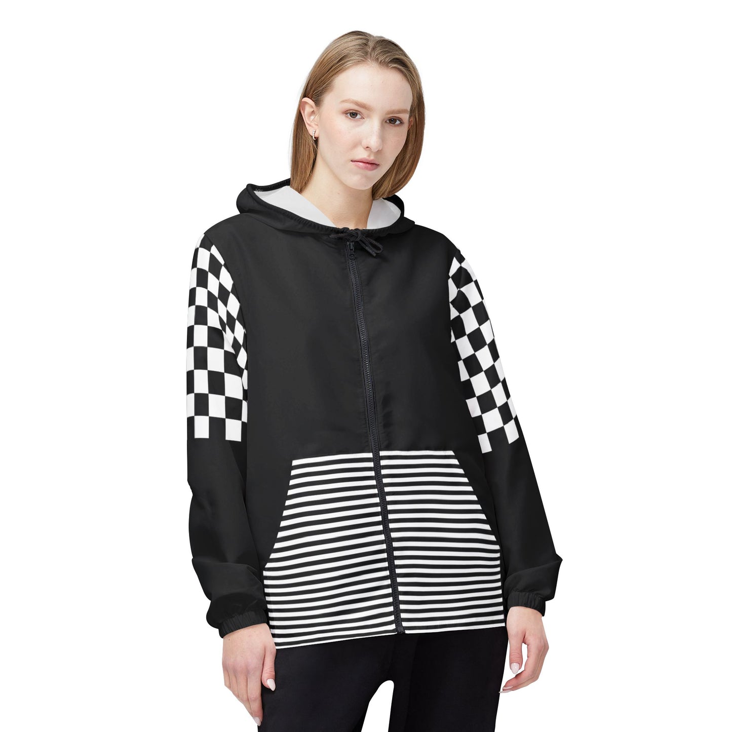 Female model wearing black Urban Lines Windbreaker with checkered sleeves