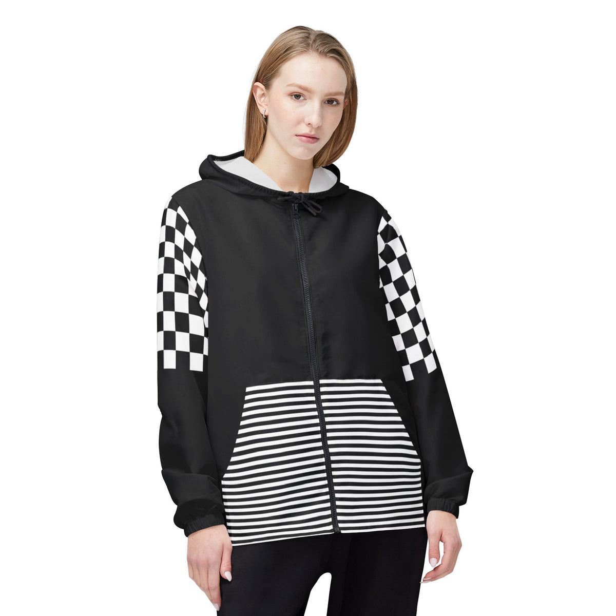 Female model wearing black Urban Lines Windbreaker with checkered sleeves