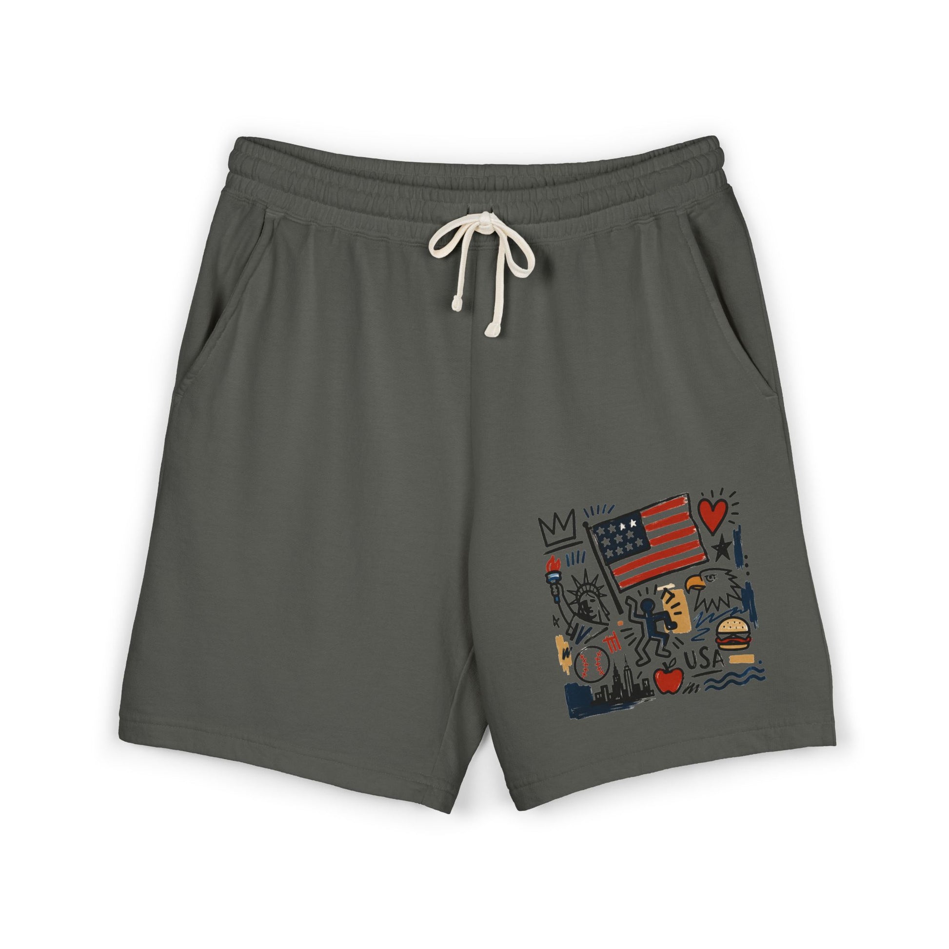 Male model wearing blue jean USA artsy sweat shorts riding bicycle