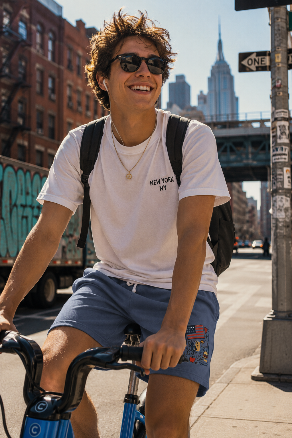 Male model wearing blue jean USA artsy sweat shorts riding bicycle