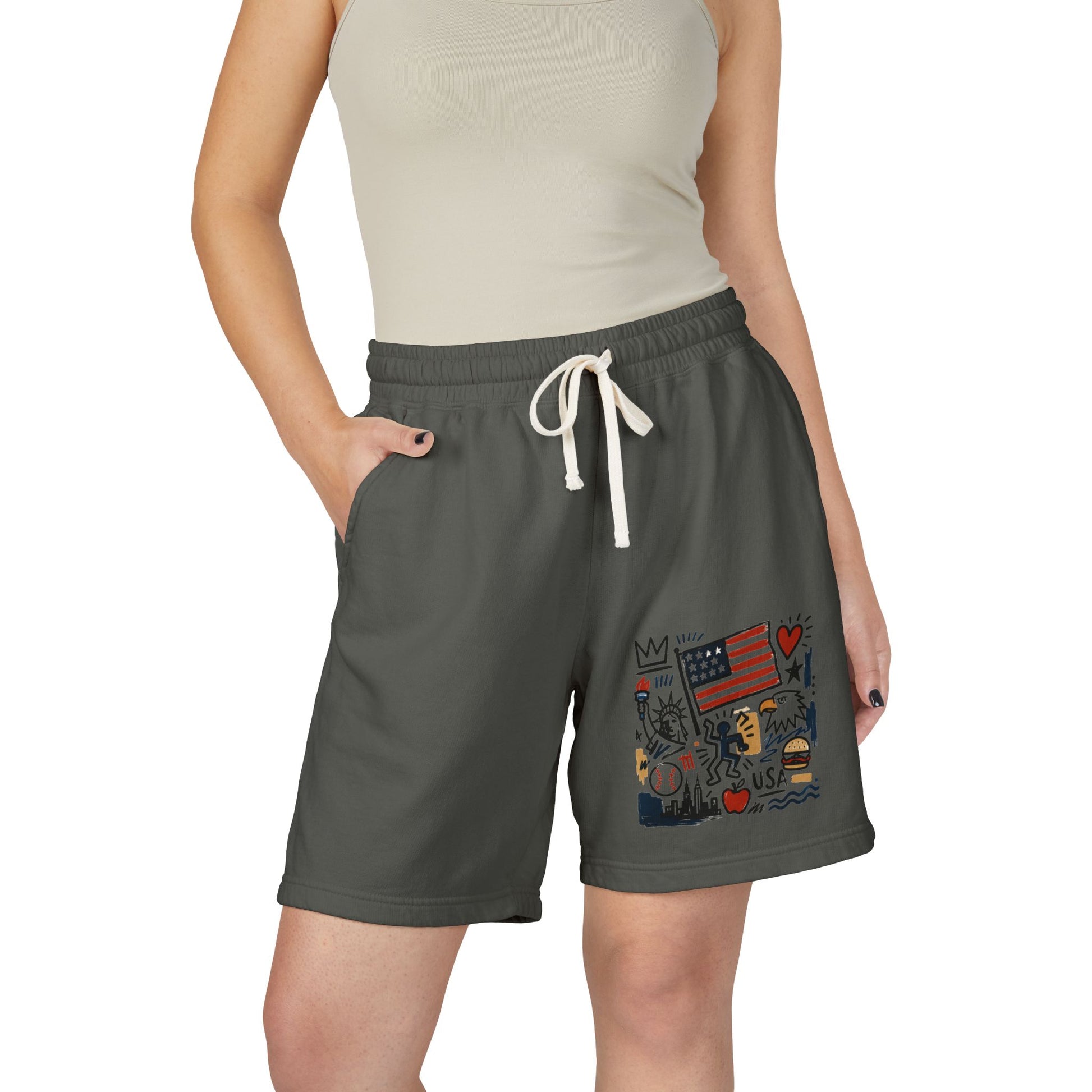 Woman wearing blue sweat shorts patriotic sweat shorts side view