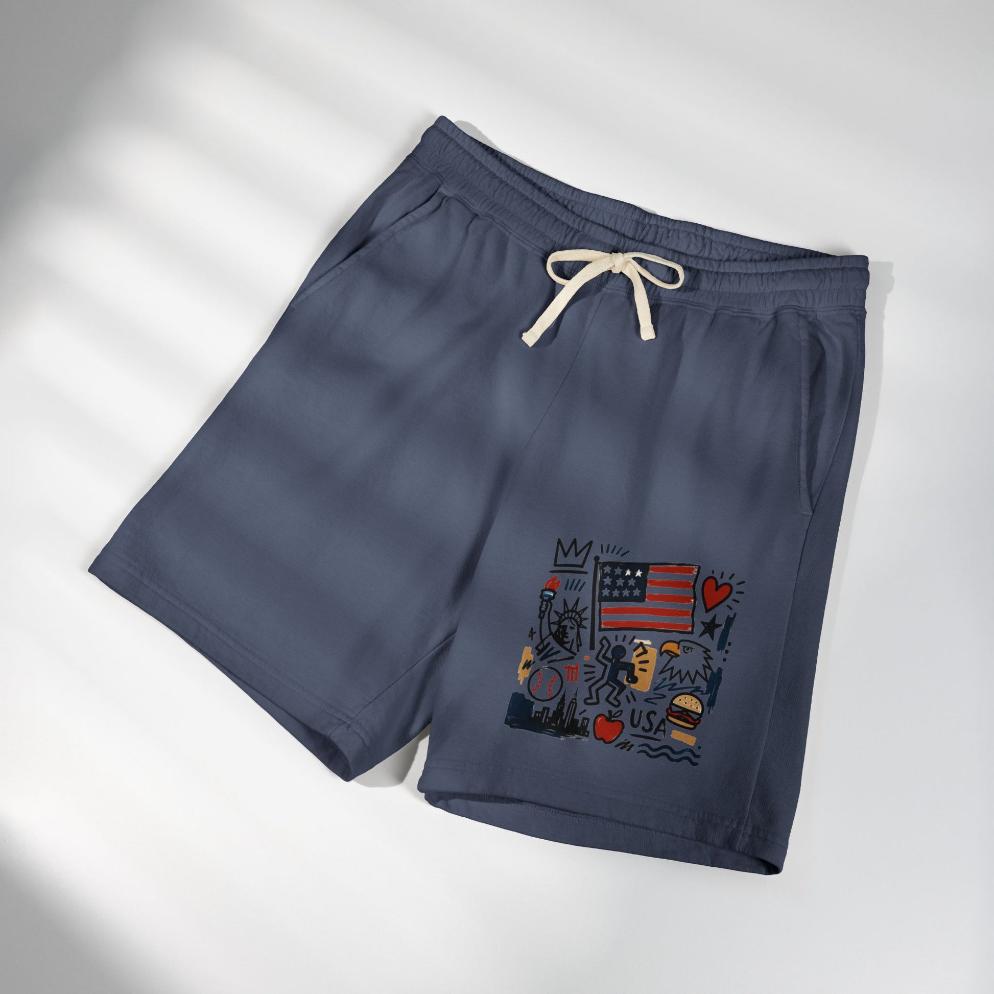 Blue jean USA artsy sweat shorts flat lay