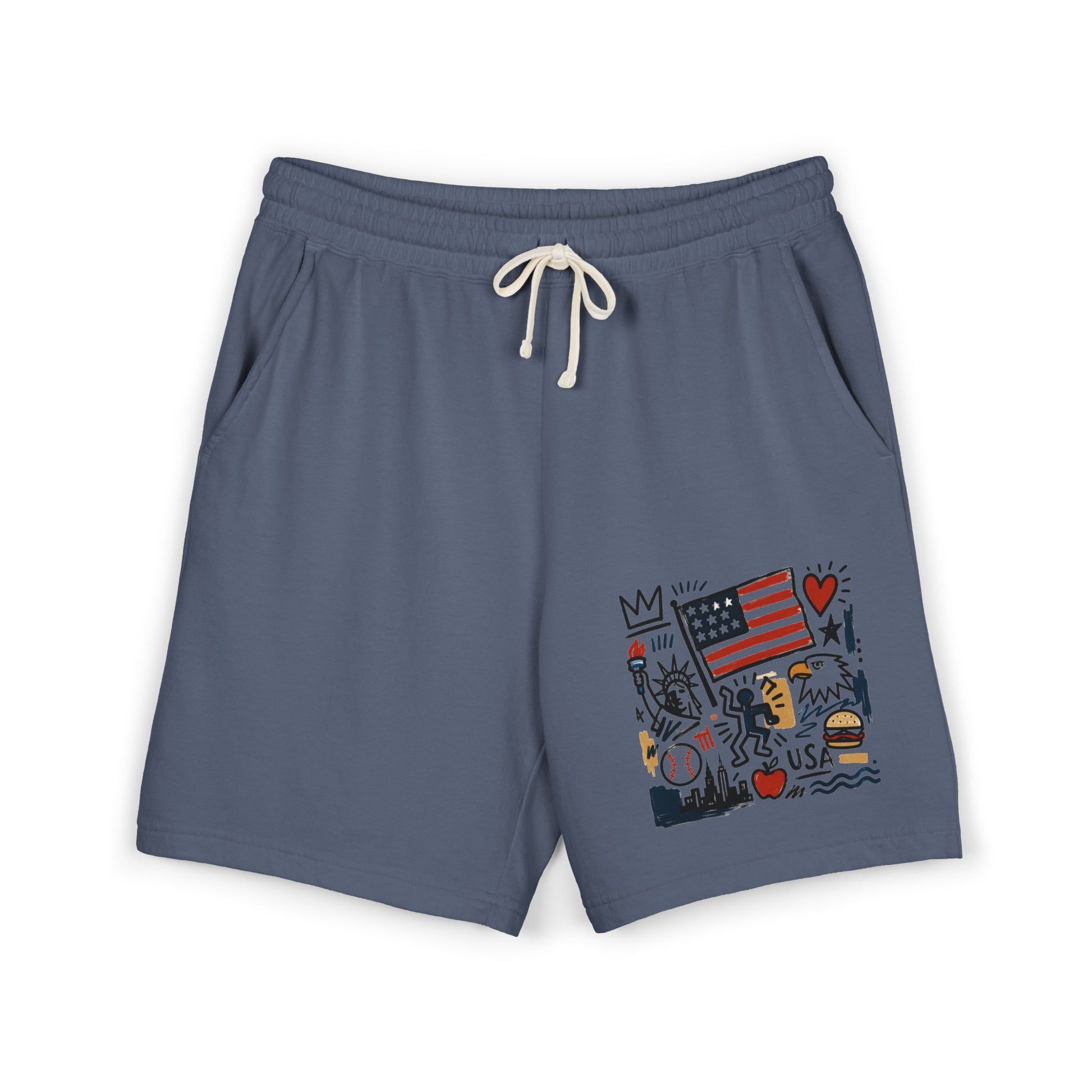 Front view of blue jean patriotic graphic sweat shorts