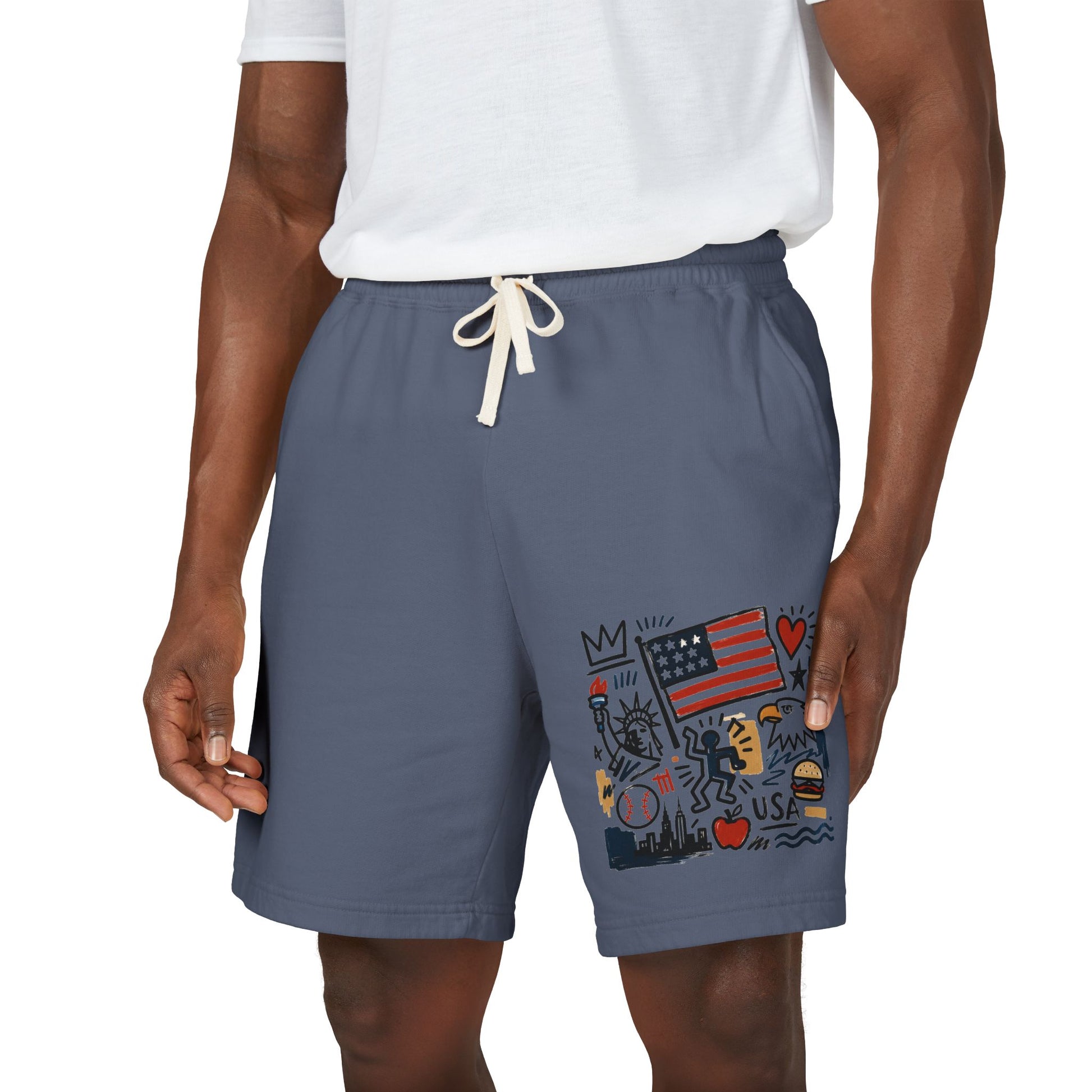 Male model wearing blue jean American flag sweat shorts