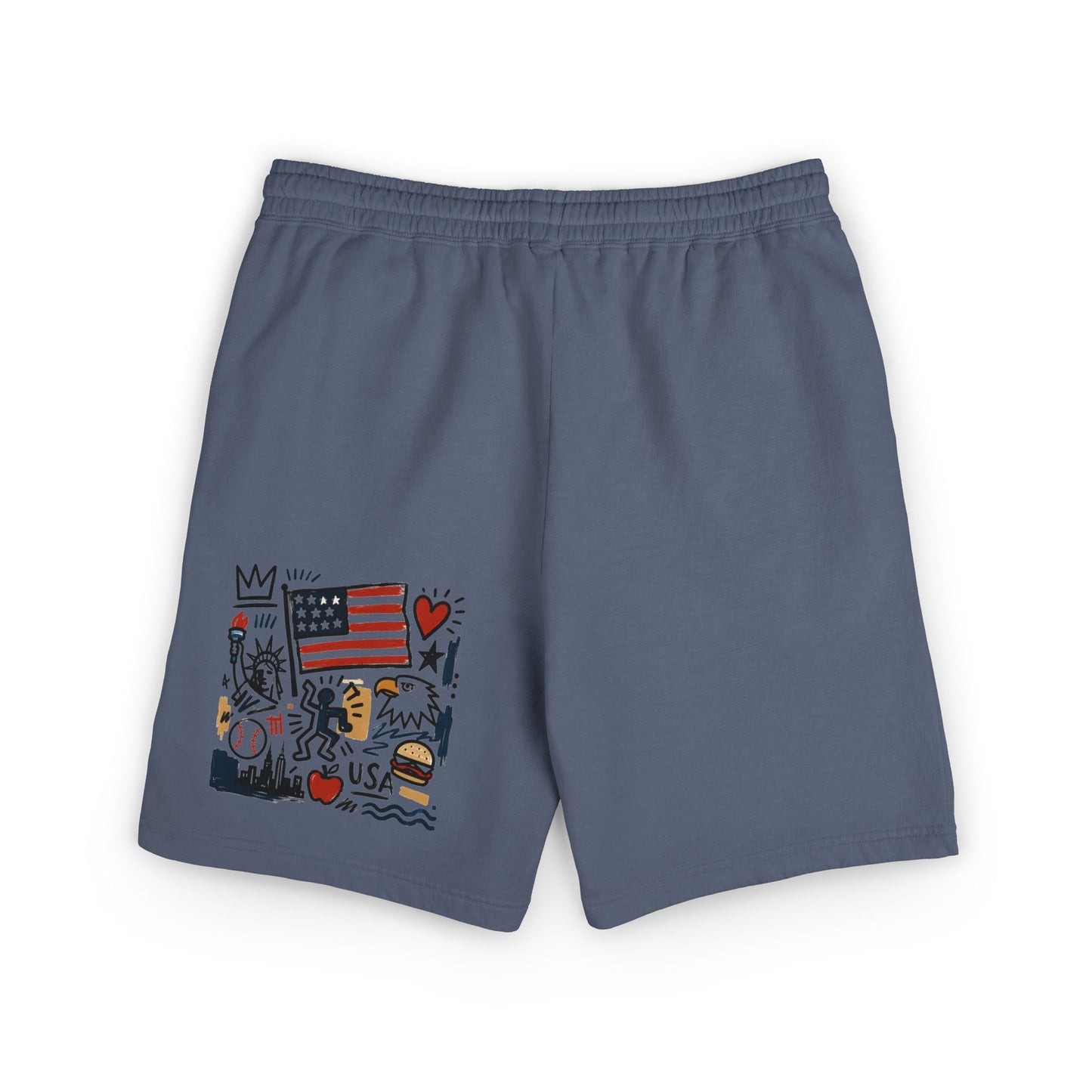 Blue jean cotton sweat shorts with patriotic artwork