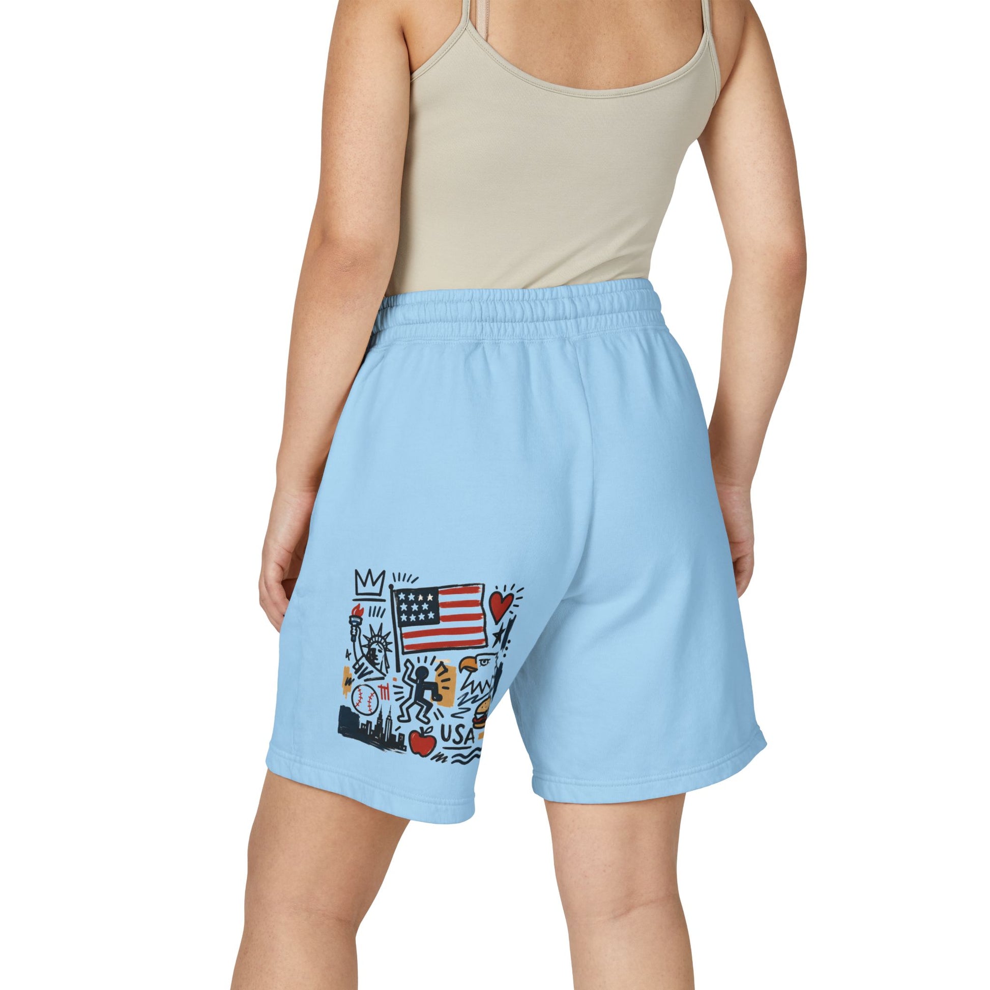 Back view of woman wearing hydrangea blue sweat shorts