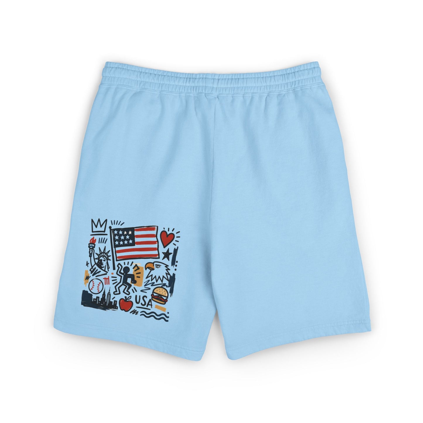 Front view of hydrangea blue patriotic sweat shorts, back view