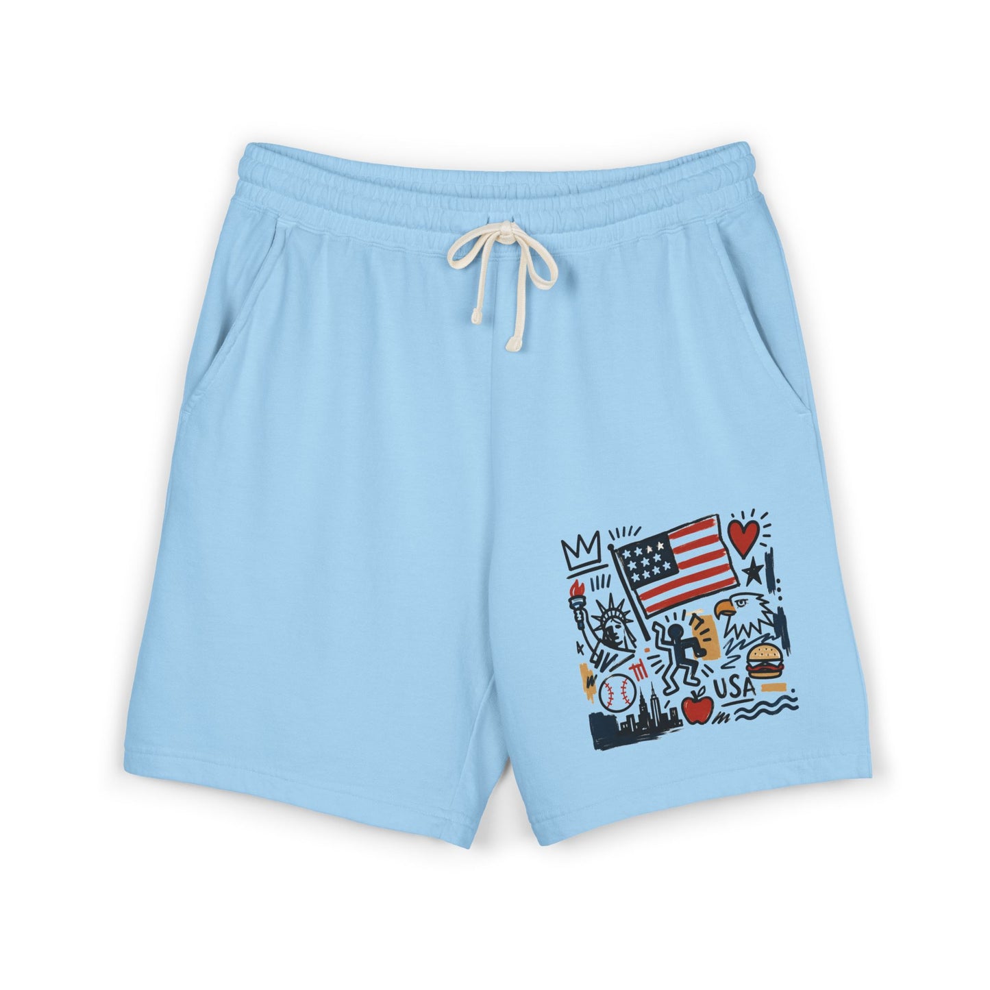 Hydrangea blue USA artsy sweat shorts flat lay white background