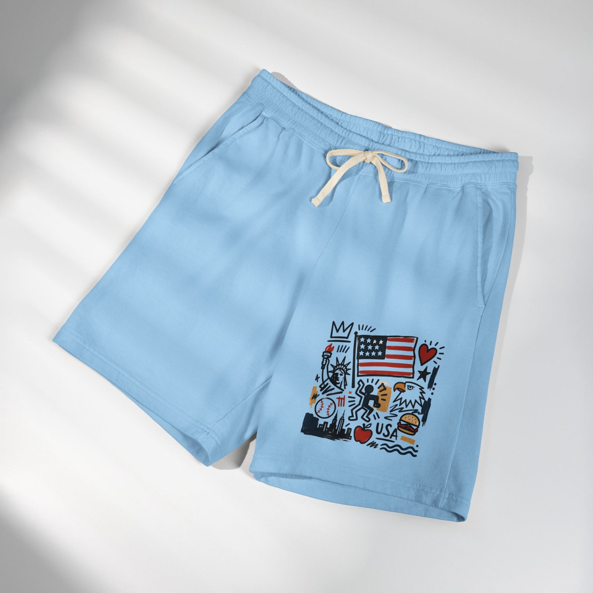 Hydrangea blue USA artsy sweat shorts flat lay