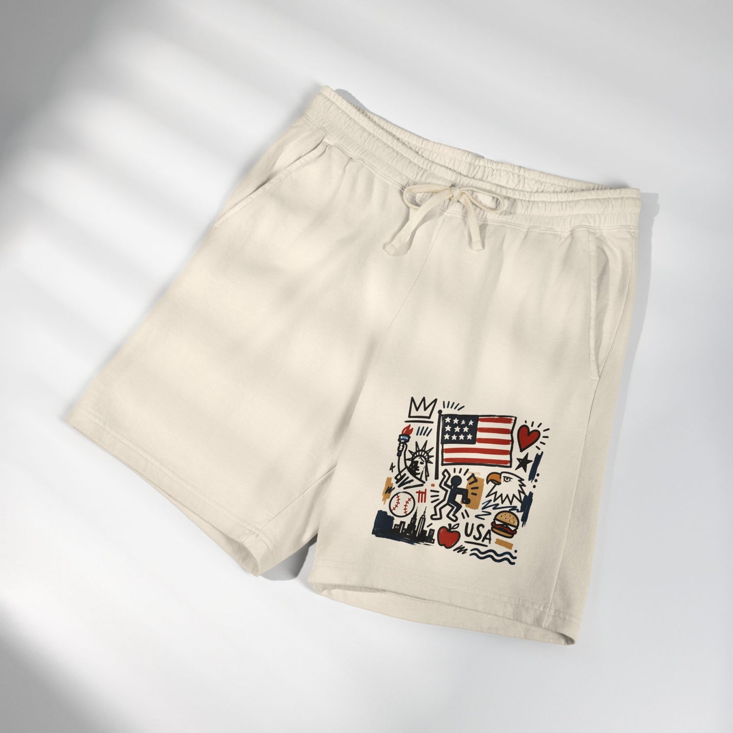 Ivory USA artsy unisex sweat shorts flat lay with American flag graphic print