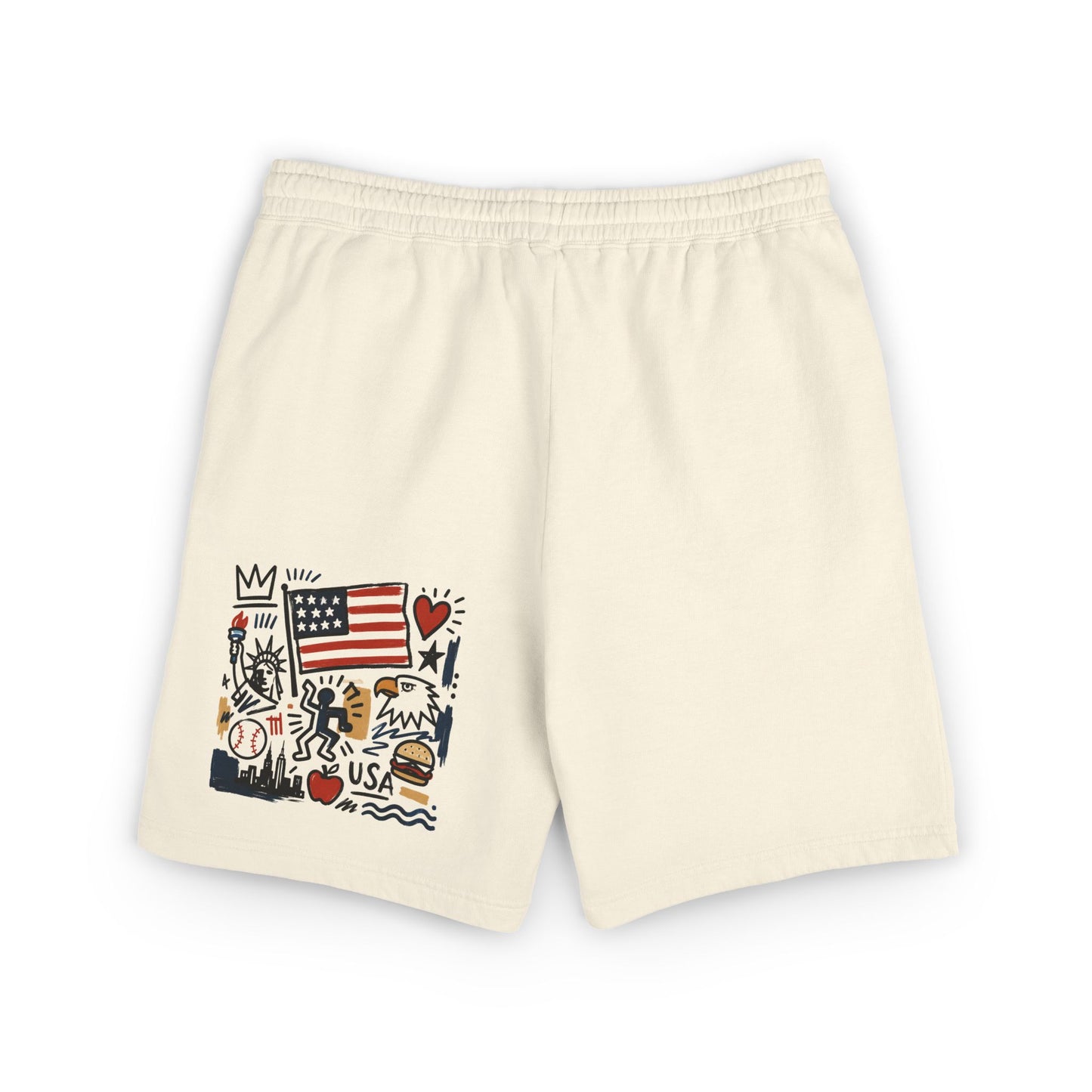 vory patriotic cotton sweat shorts with graphic American artwork, back view