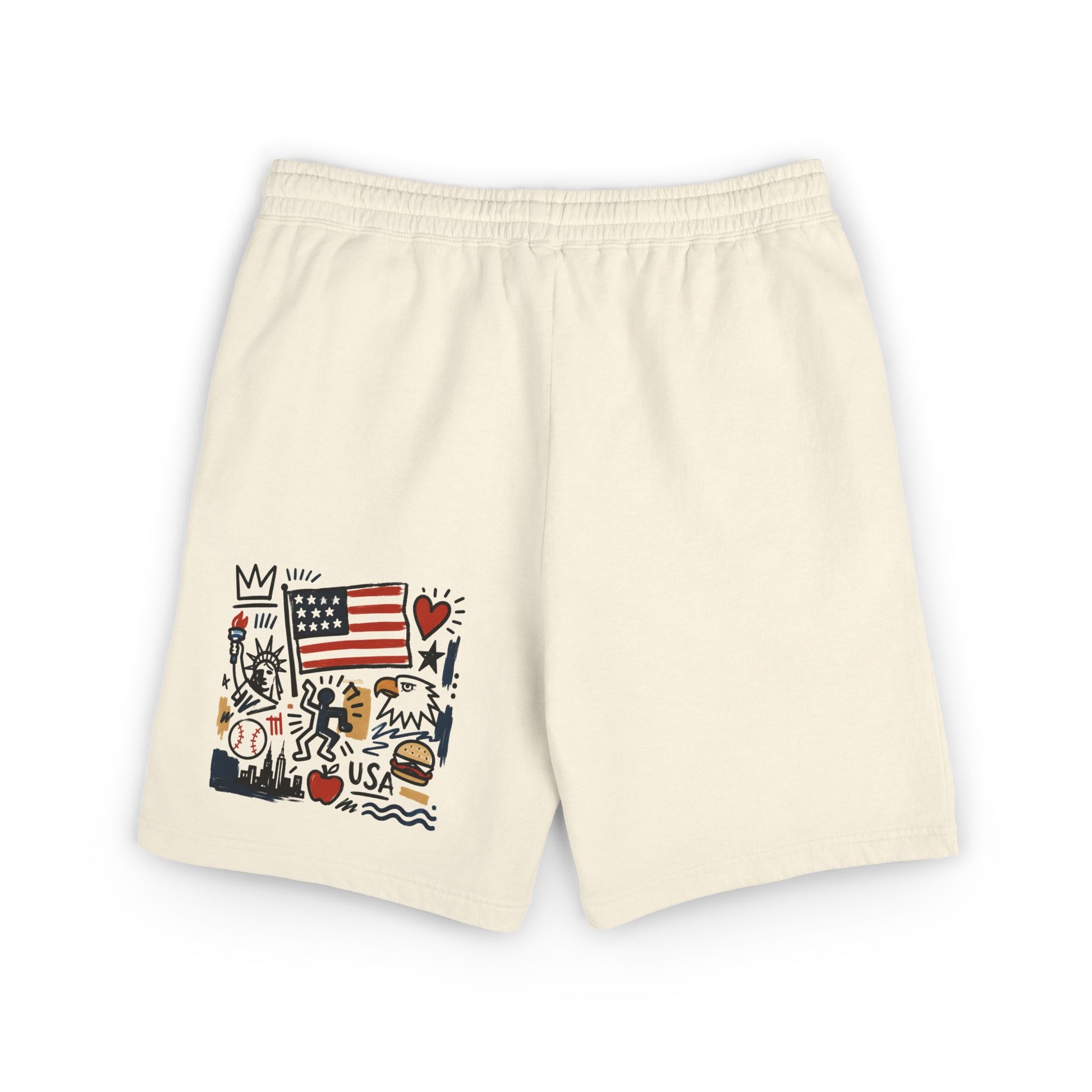 vory patriotic cotton sweat shorts with graphic American artwork, back view