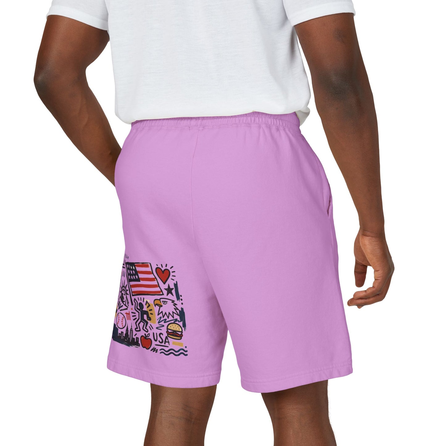 Back view of model wearing neon violet patriotic sweat shorts