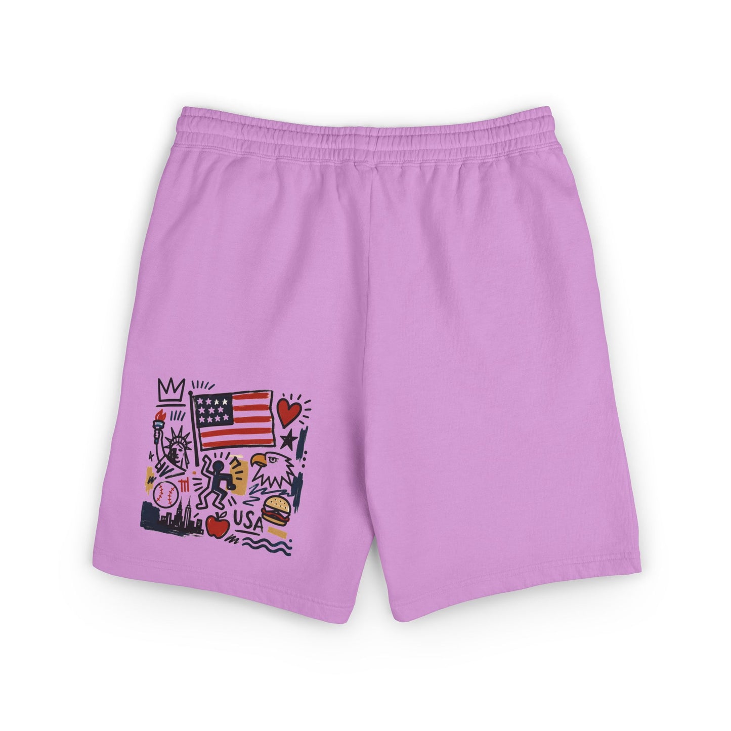 Neon violet USA artsy sweat shorts flat lay, back view