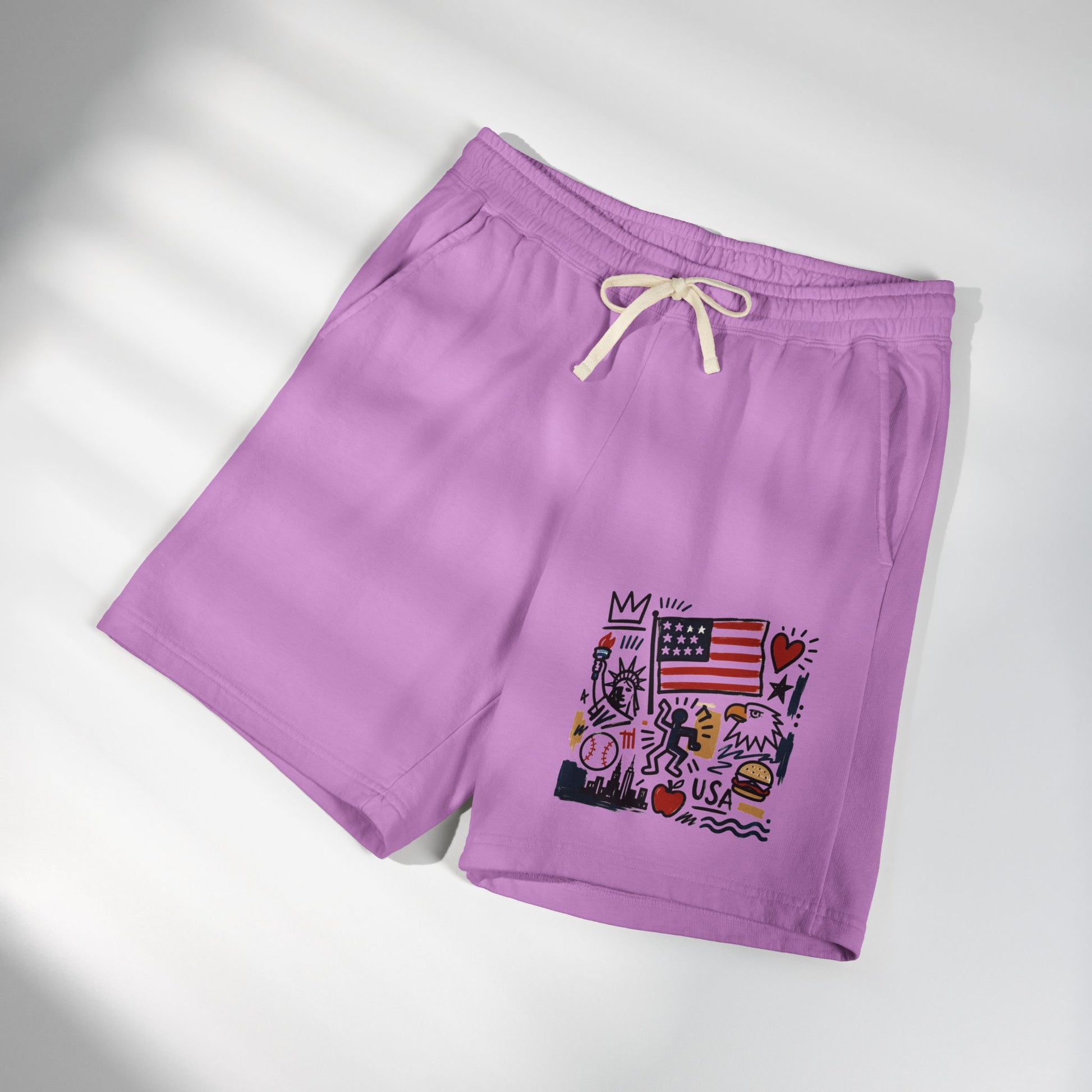 Neon violet USA artsy sweat shorts flat lay