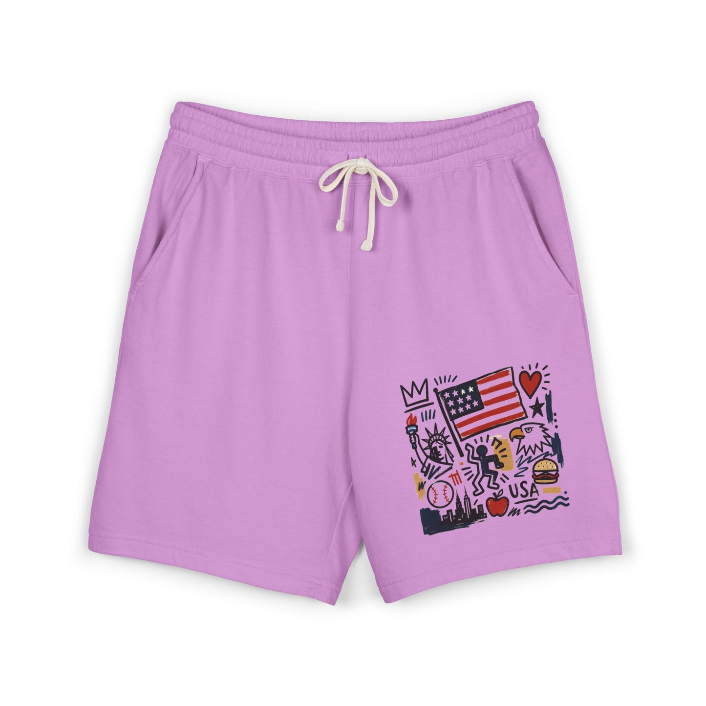 Front view of neon violet patriotic graphic sweat shorts