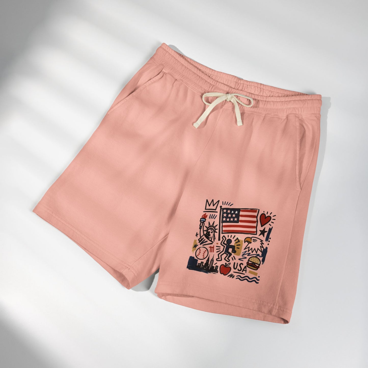 Peachy pink patriotic graphic sweat shorts flat lay