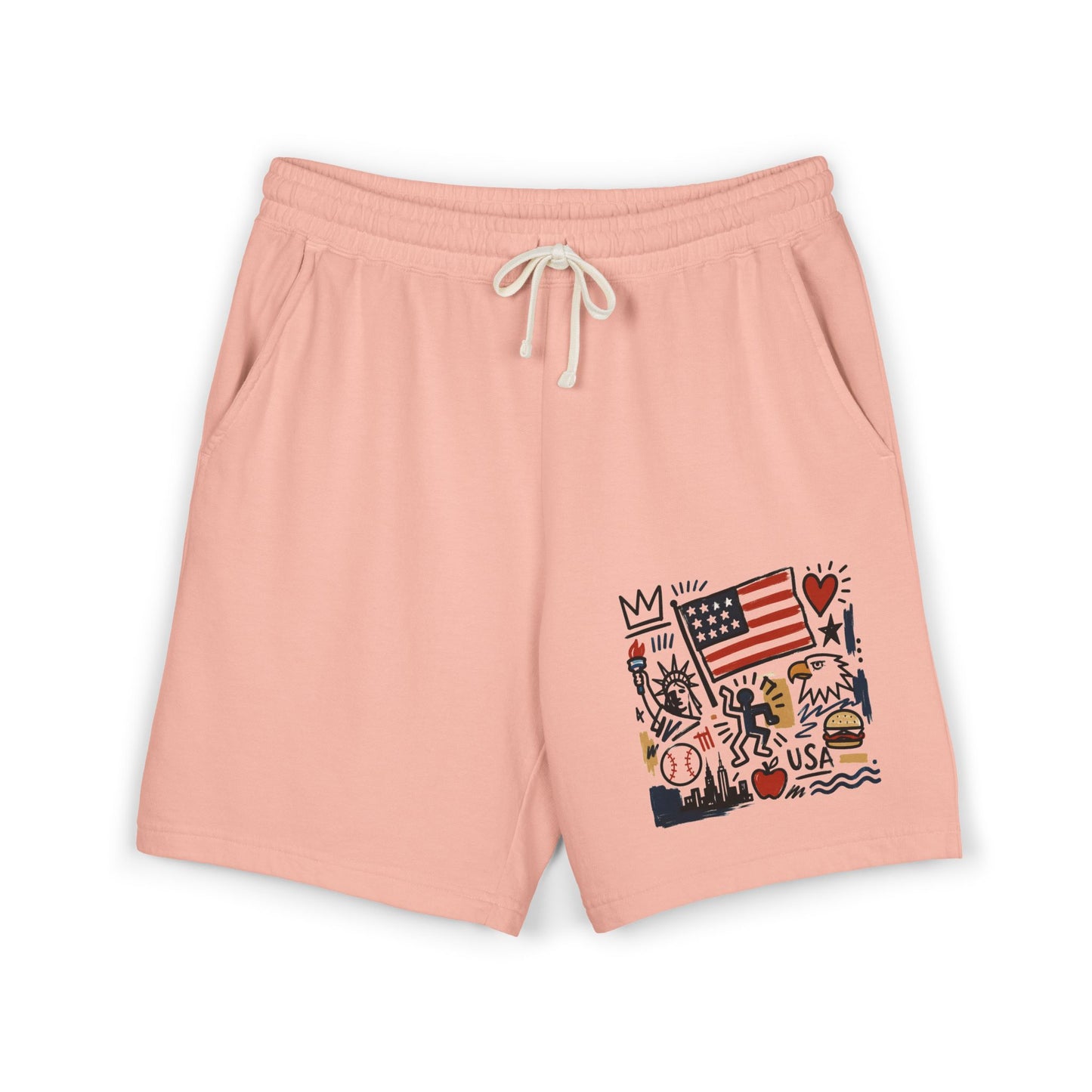 Front view of peachy pink USA artsy sweat shorts