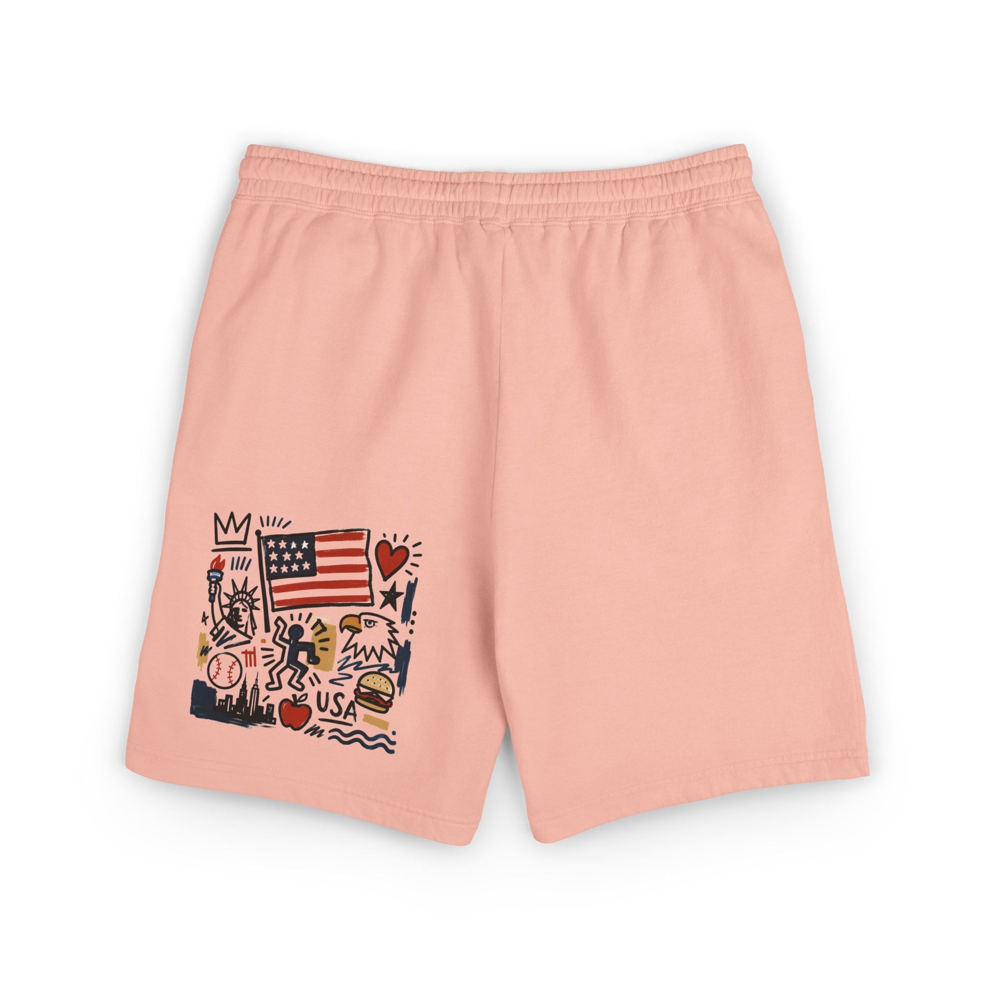 Peachy pink unisex American flag sweat shorts, back view