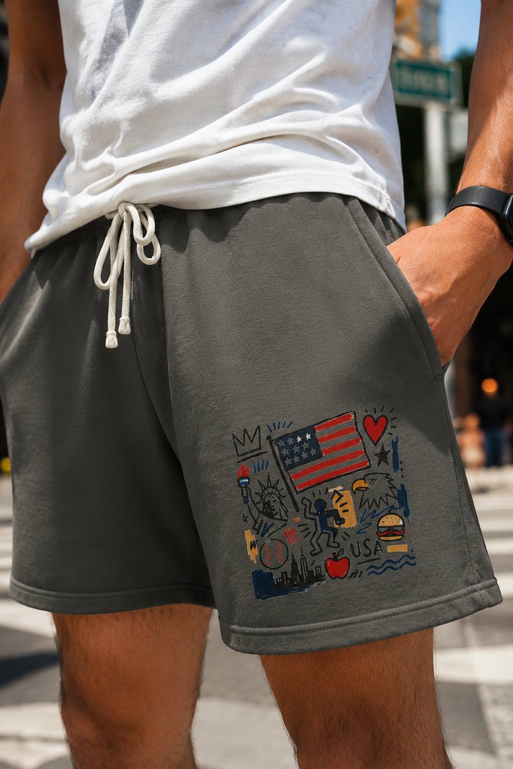 Close-up of pepper gray patriotic sweat shorts worn by model