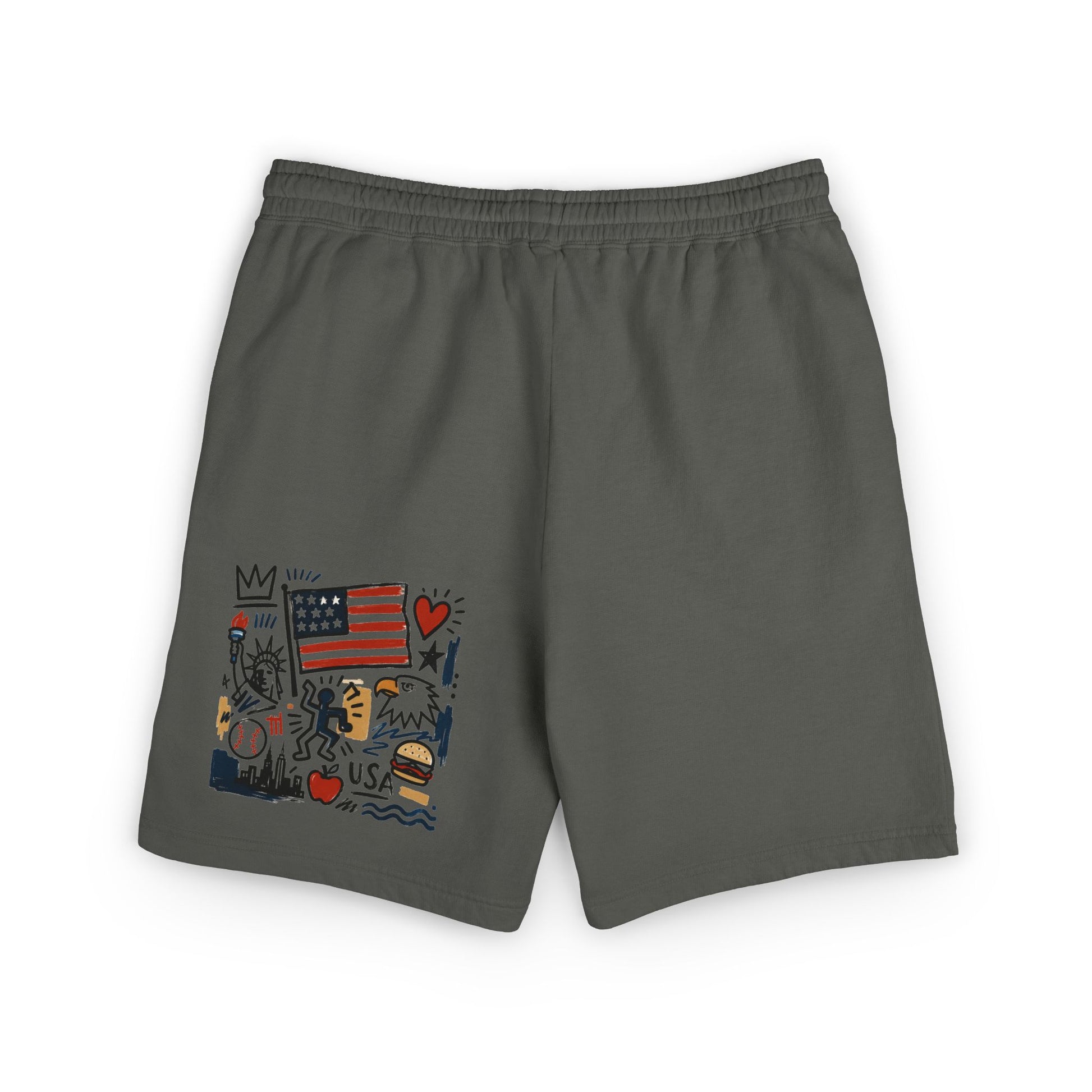 Pepper gray American flag sweat shorts flat lay, back view