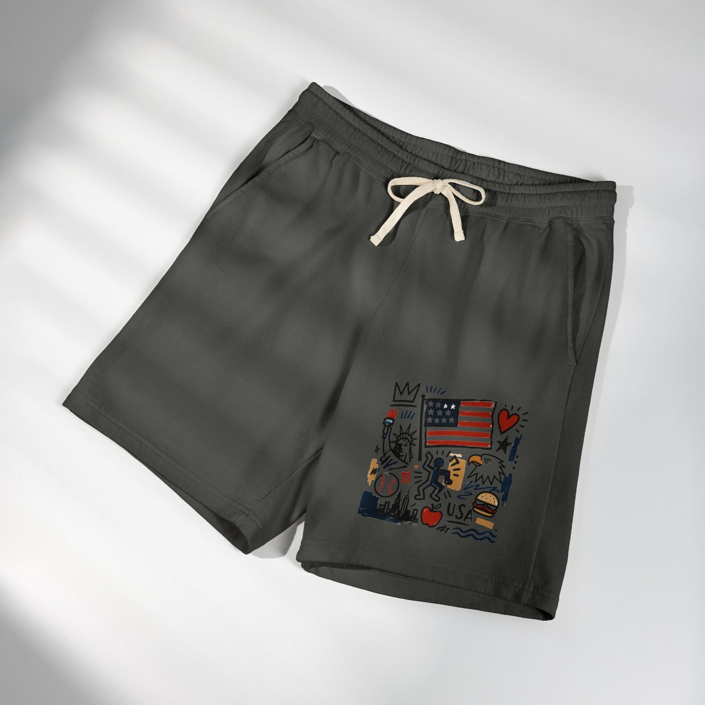 ront view of pepper gray patriotic graphic sweat shorts
