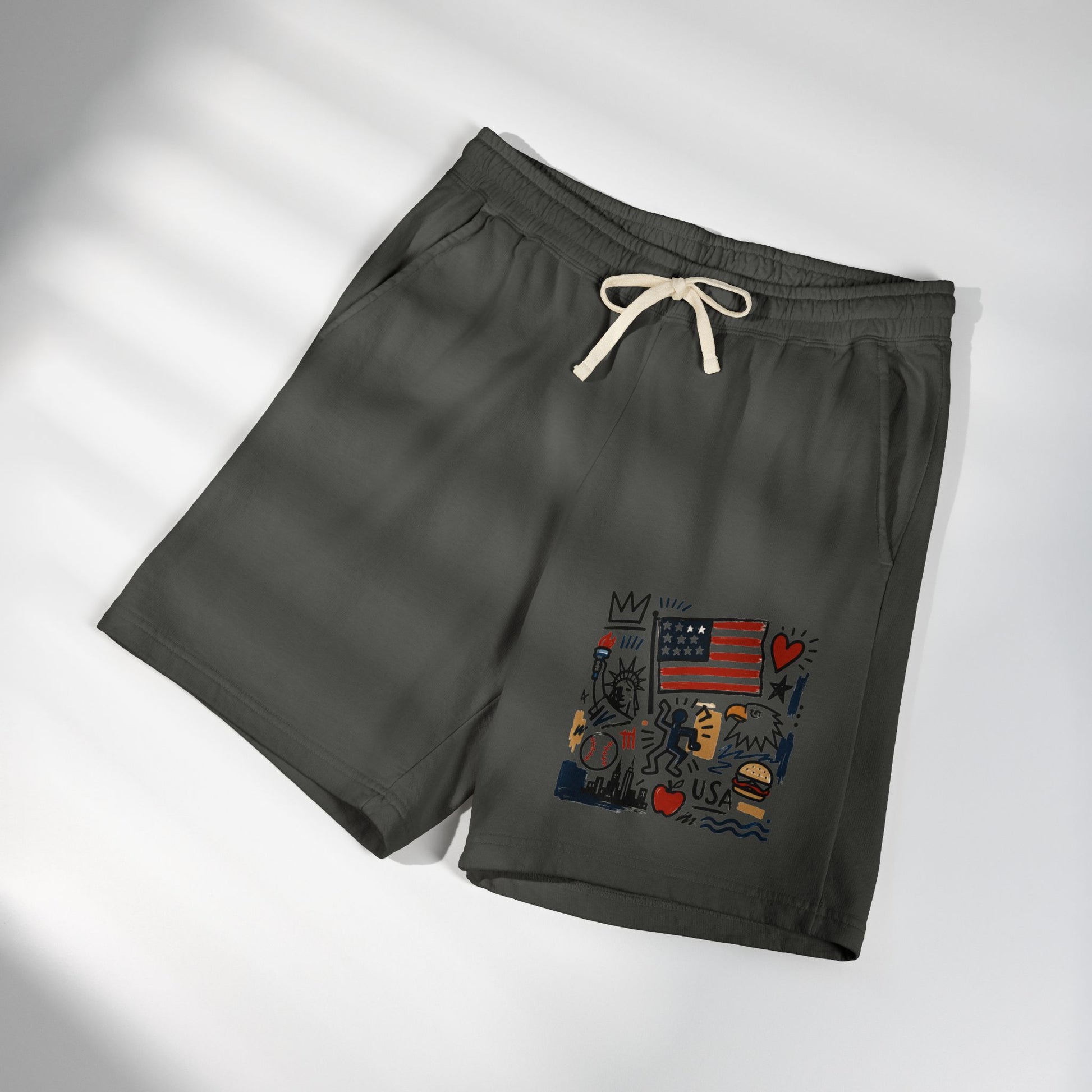 ront view of pepper gray patriotic graphic sweat shorts