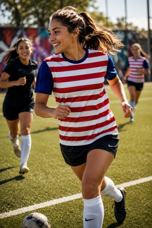 Front view of a red and white striped soccer t-shirt with blue sleeves isolated on a clean background.
