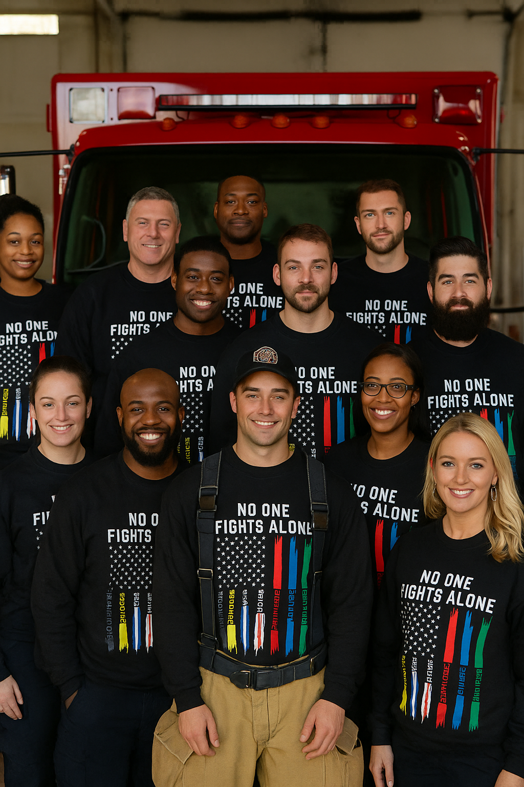 Group portrait of firefighters and first responders wearing matching “No One Fights Alone” Veterans Day sweatshirts inside a fire station.