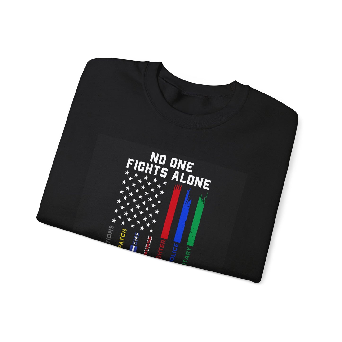 Folded black “No One Fights Alone” patriotic sweatshirt with distressed American flag design.