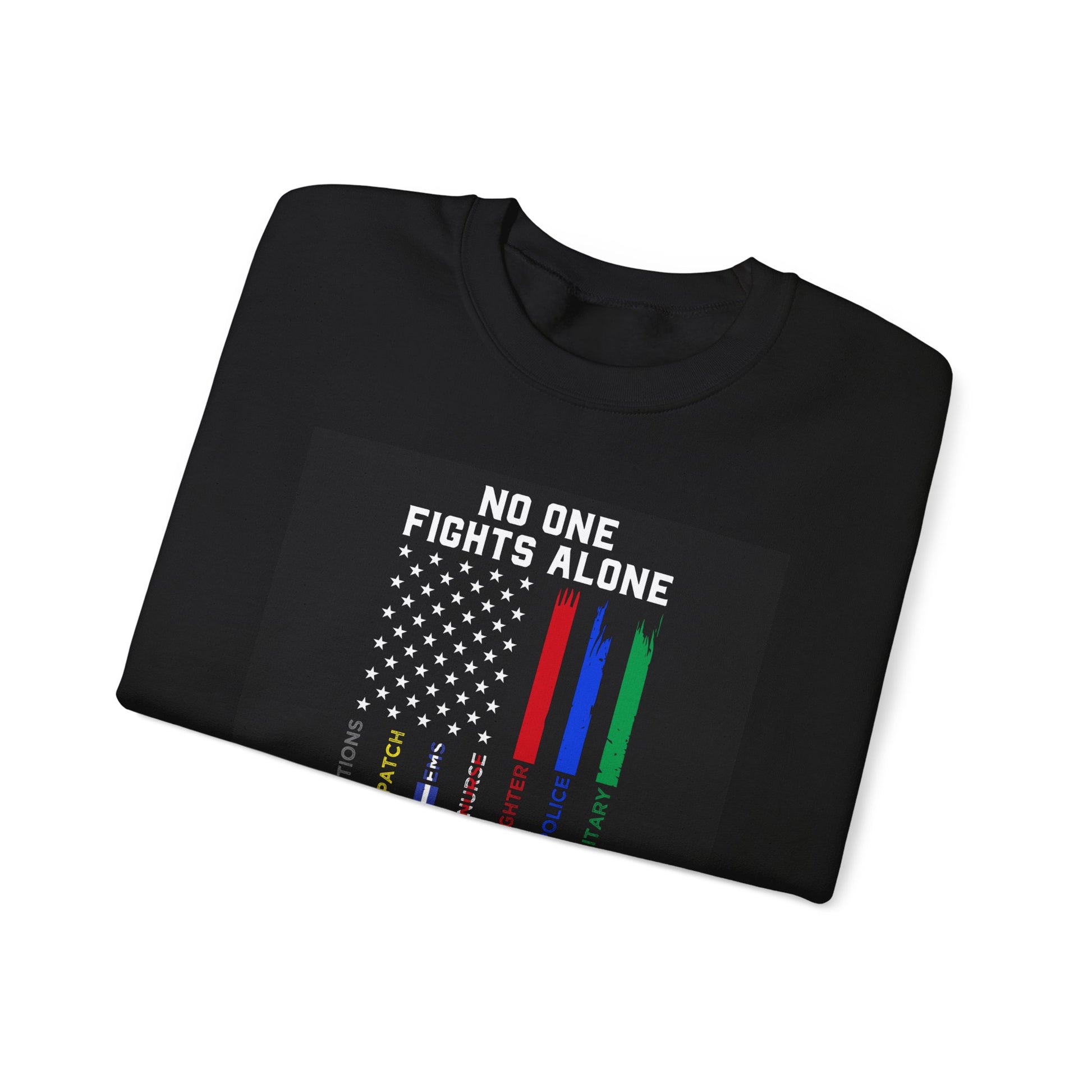 Folded black “No One Fights Alone” patriotic sweatshirt with distressed American flag design.