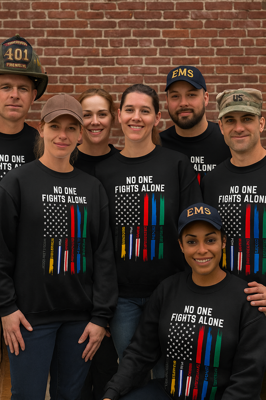 Group lifestyle photo of men and women wearing black “No One Fights Alone” Veterans Day sweatshirts honoring military veterans and first responders.