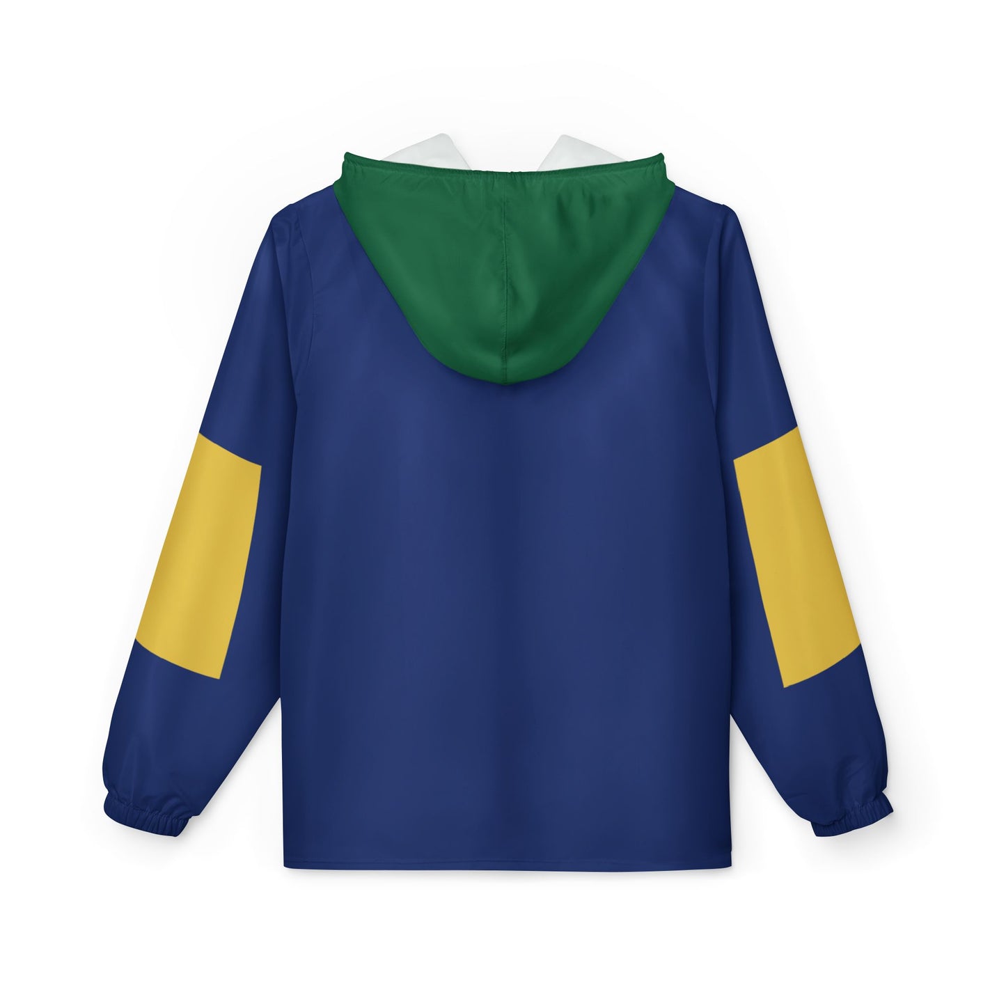 Village Windbreaker Jacket back view with navy body, green hood and yellow sleeve panels