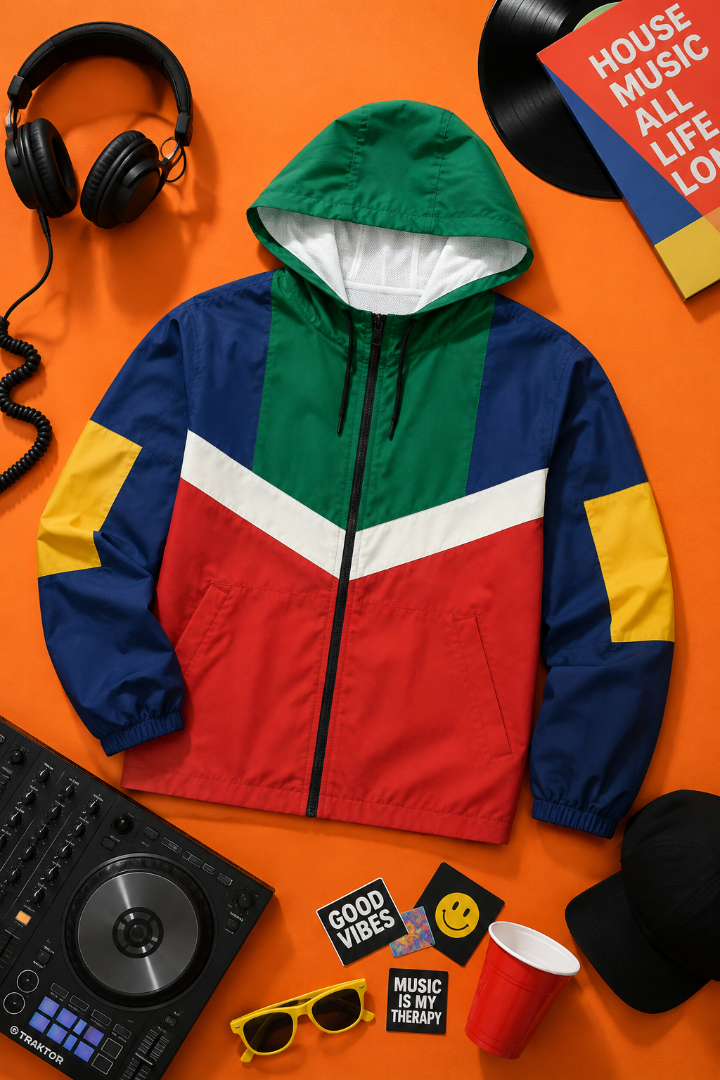 Village Windbreaker Jacket in green, red, navy, yellow and white color block design styled in a DJ-inspired flat lay with headphones, vinyl record and music accessories.
