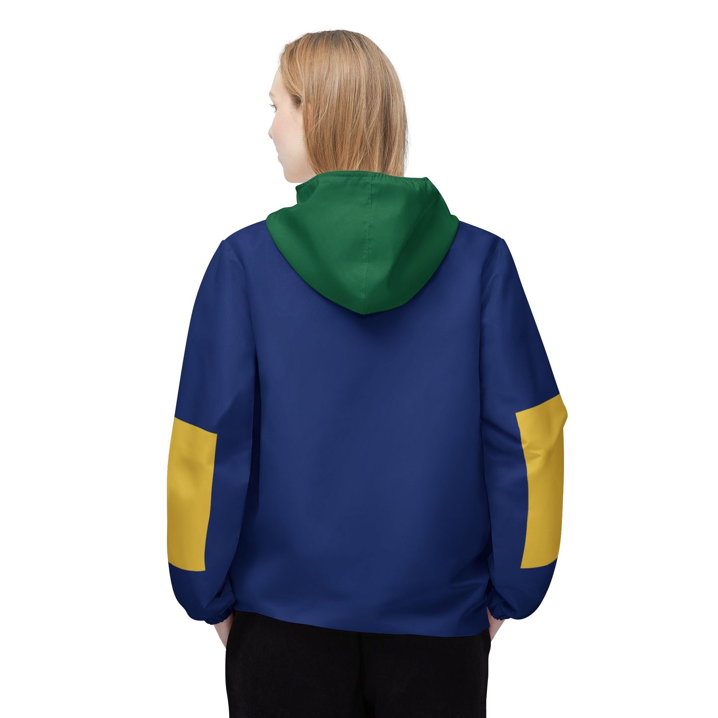 Studio image of a person wearing the colorblock windbreaker facing away.