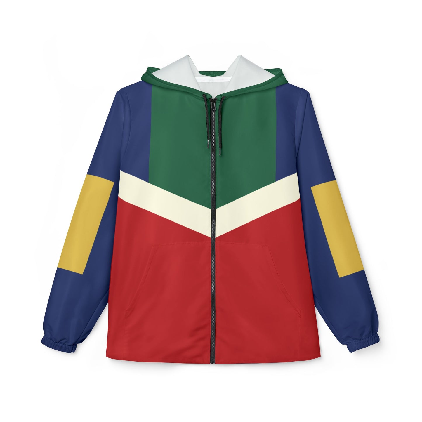 Village Windbreaker Jacket front view with green, red, navy, yellow and white color blocking
