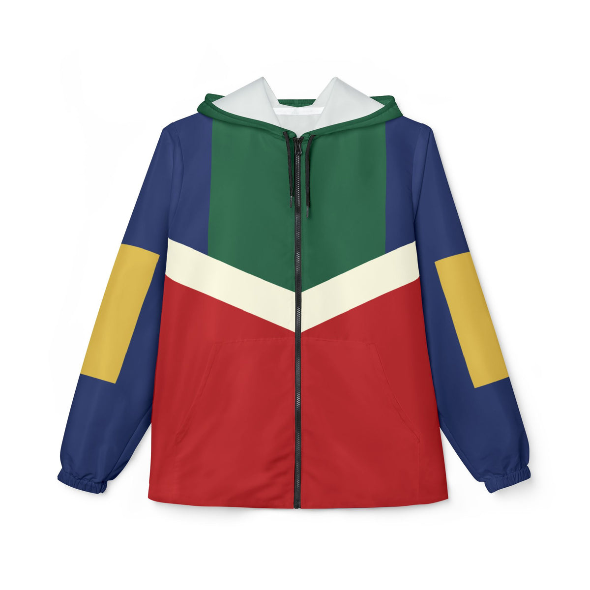 Village Windbreaker Jacket front view with green, red, navy, yellow and white color blocking