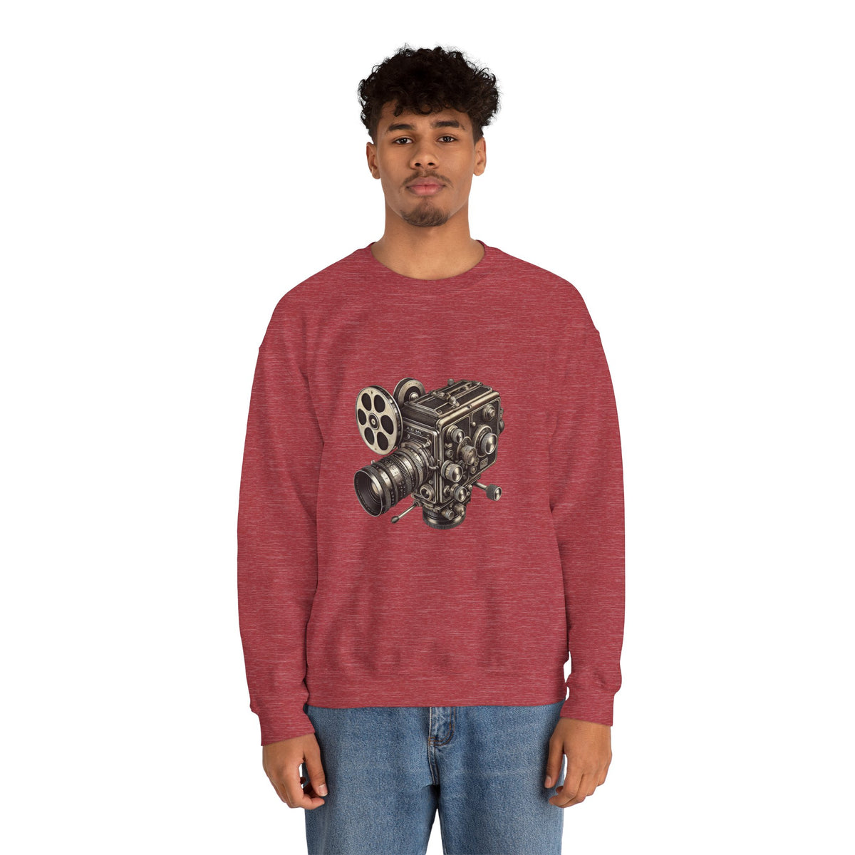 Male model wearing red Film Camera Sweatshirt, casual streetwear style.