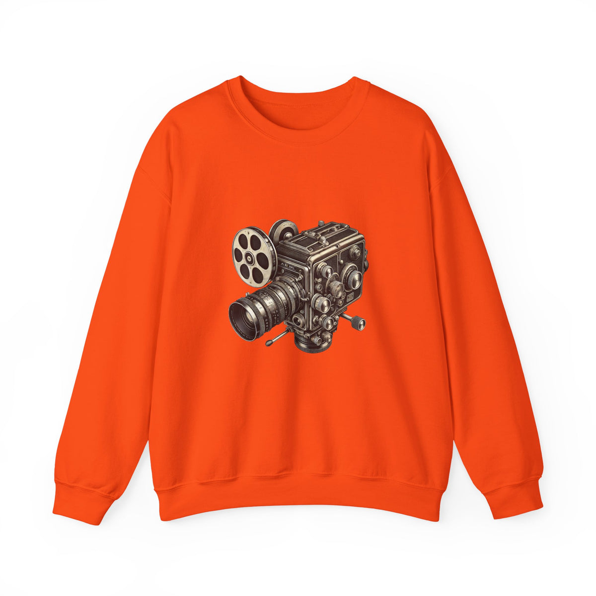 Flat lay of orange Film Camera Sweatshirt with camera graphic.