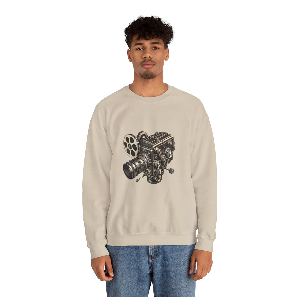 Male model wearing beige Film Camera Sweatshirt, straight-on studio pose.