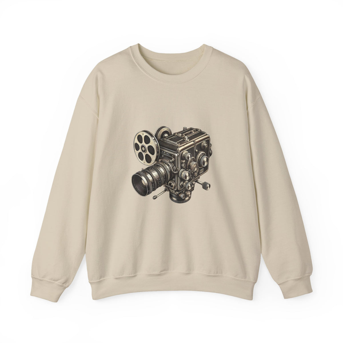 Front view of beige Film Camera Sweatshirt with film camera illustration.