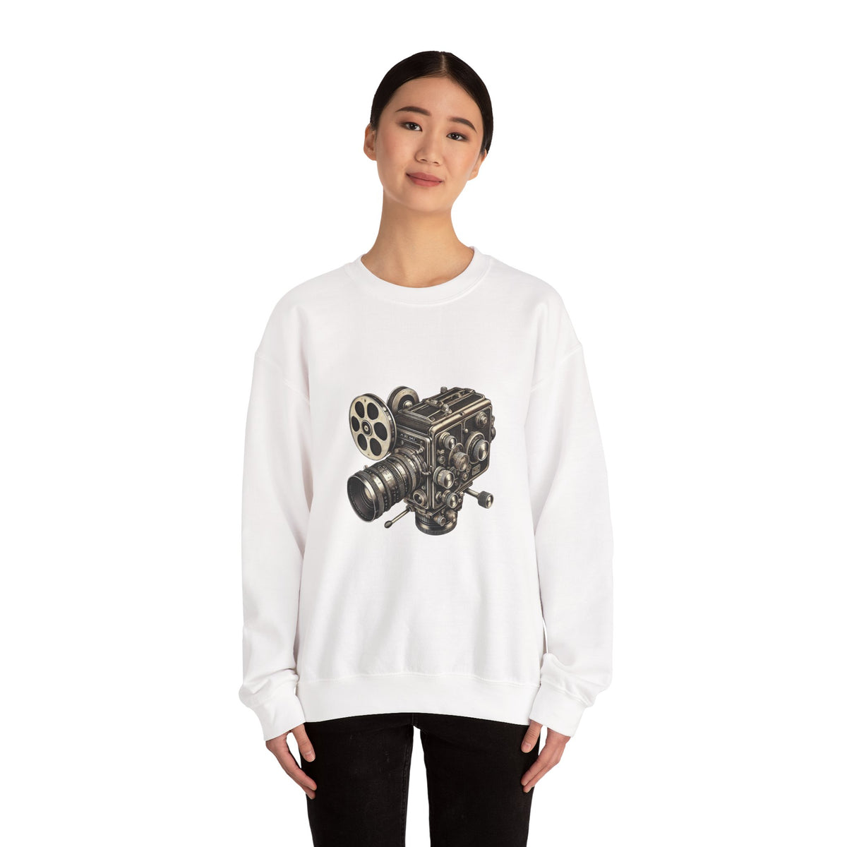 Female model in white Film Camera Sweatshirt, casual fit style.