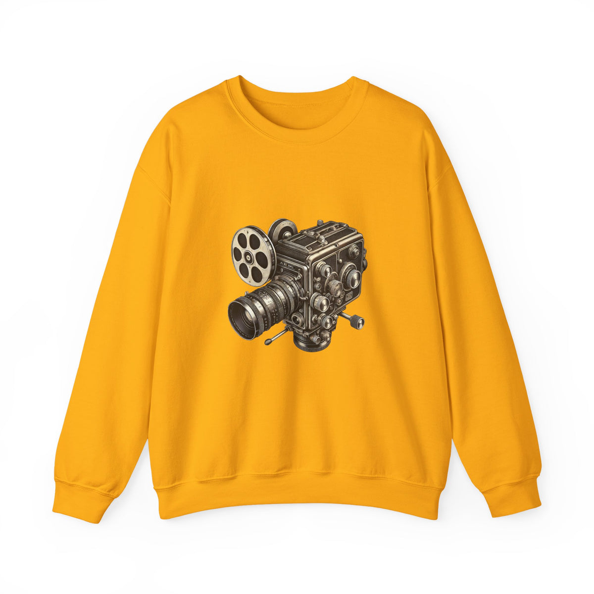 Front view of yellow Film Camera Sweatshirt featuring vintage film camera design.