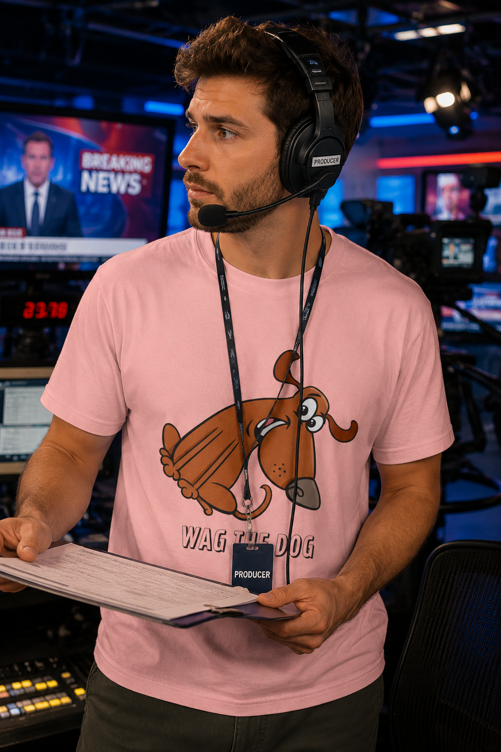 Male television producer wearing a pink Wag the Dog graphic t-shirt inside a professional newsroom studio.
