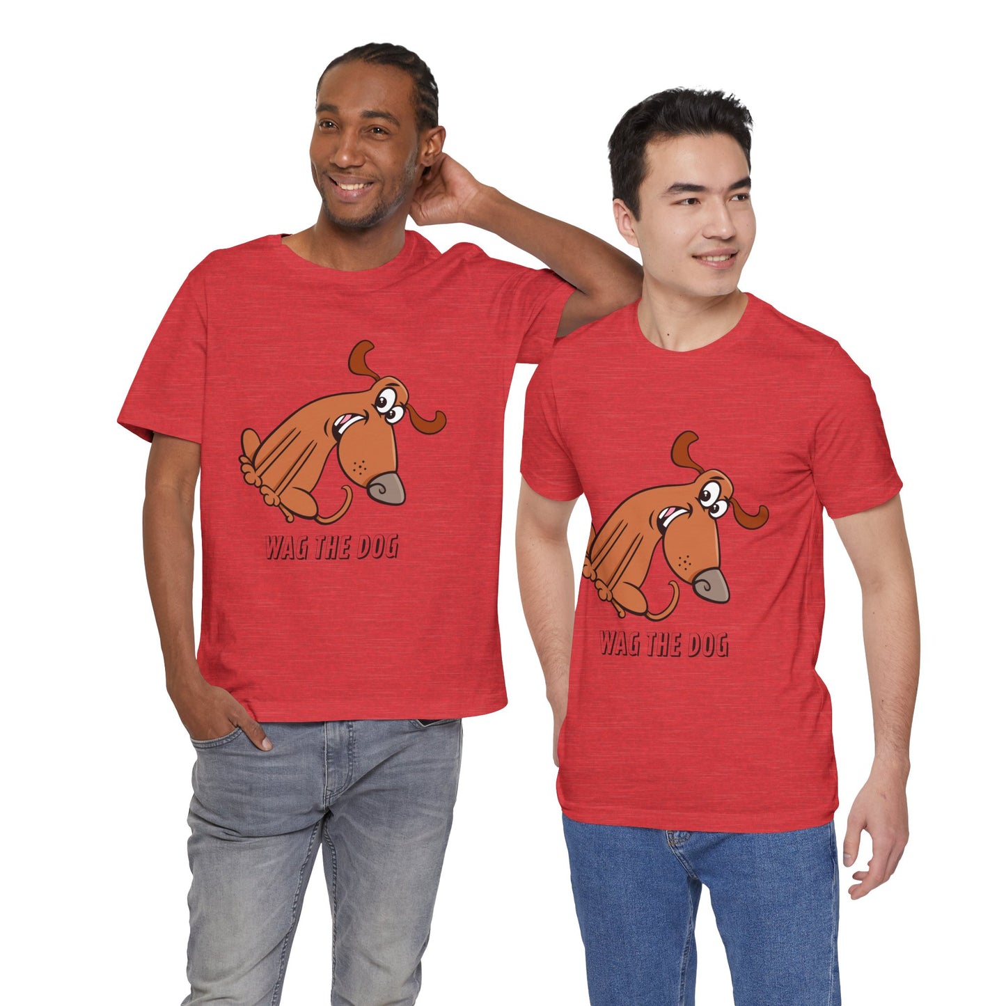 Two models wearing red Wag the Dog graphic t-shirts inspired by the cult classic political satire film.