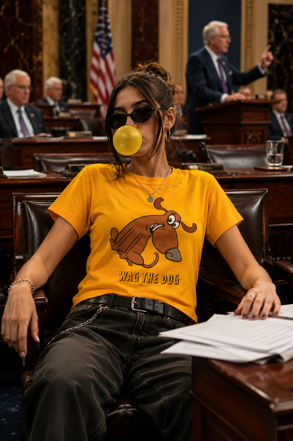 Female Gen Z wearing a yellow Wag the Dog graphic t-shirt while blowing bubble gum in a senate chamber during a political debate.